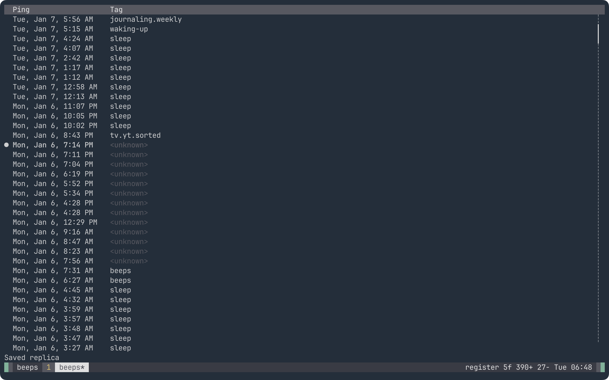 a TUI for tagging pings running in a terminal with a blue background. The interface is two columns: one for ping times, and one for tags. Several tags are filled in, mostly with "sleep."