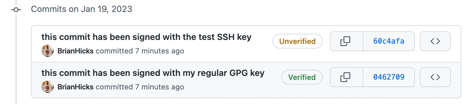 the GitHub UI, showing the commit history with one verified commit signed by GPG and one unverified commit signed by SSH