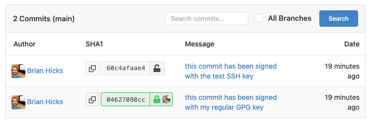 the Gitea UI, showing the commit history with one verified commit signed by GPG and one unverified commit signed by SSH