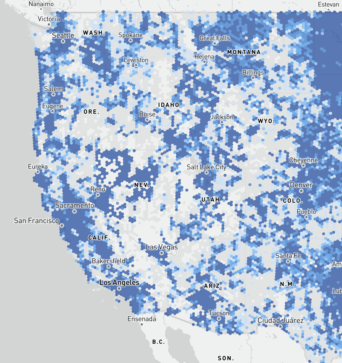 A map of the western US with a color scale overlaid showing access to broadband. Higher-population areas are shown to have better access, generally, with the exception of the Dakotas which have excellent access throughout the states.