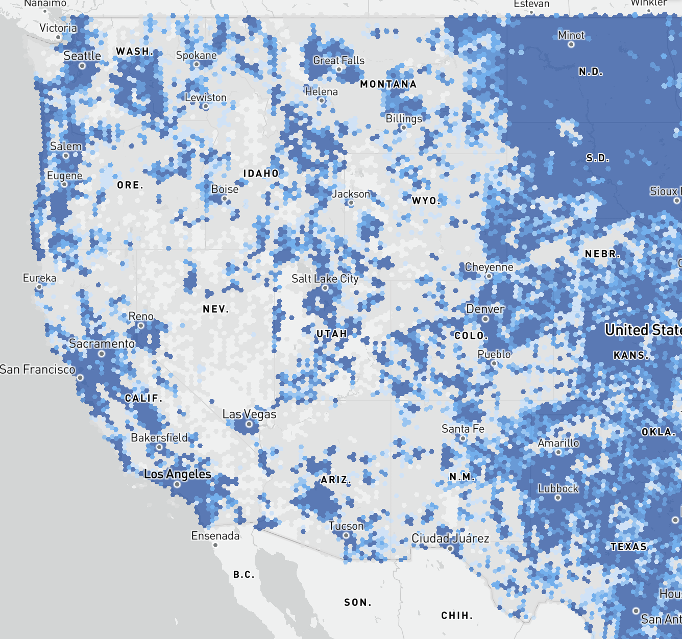 A map of the western US with a color scale overlaid showing access to broadband at a higher level. Rural areas show much less availability than in the previous map, although access in the Dakotas is still excellent.