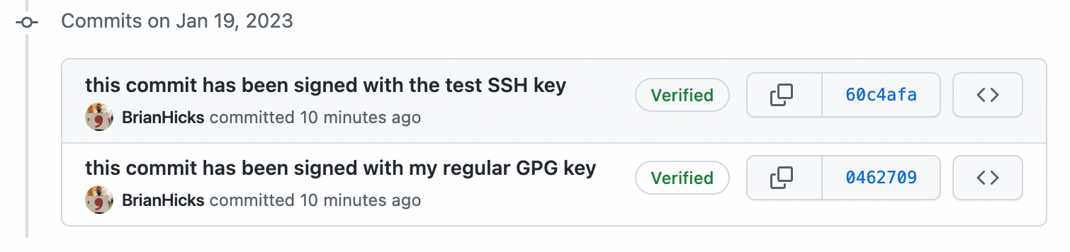 the GitHub UI, showing both commits verified